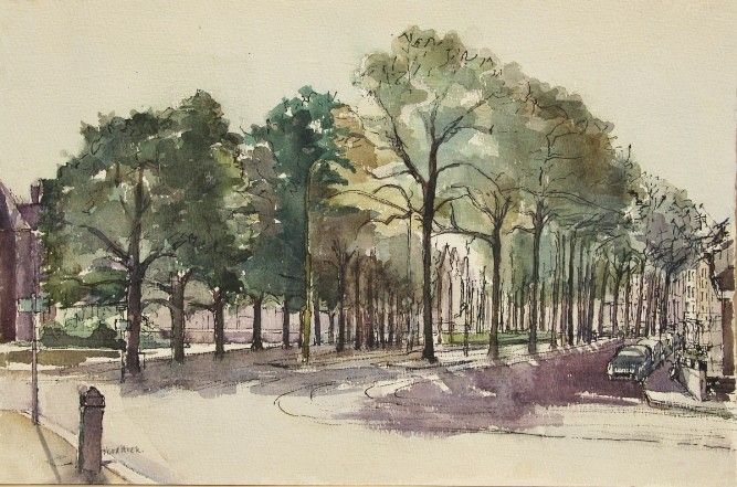MAAIKE VAN DER HOEK  Lange Vijverberg Den Haag  aquarel  inkt  x 49 5 cm.  225 00 5083