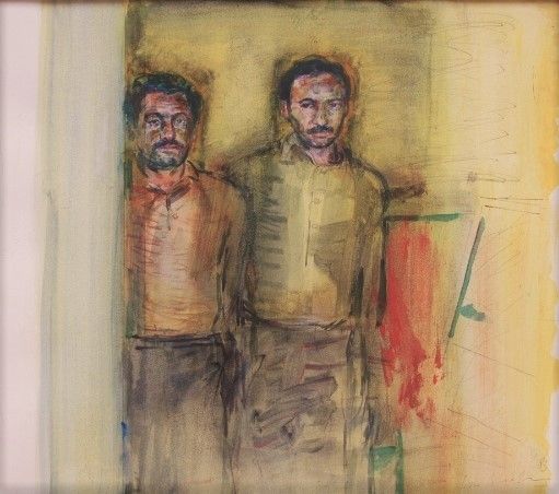 PETER BLOKHUIS  Gastarbeiders  gemengde techniek  40 x 60 cm.  850 00 zonder lijst 5088