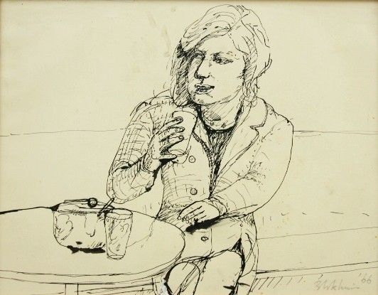 PETER BLOKHUIS  Vrouw aan tafeltje  pentekening . 5089