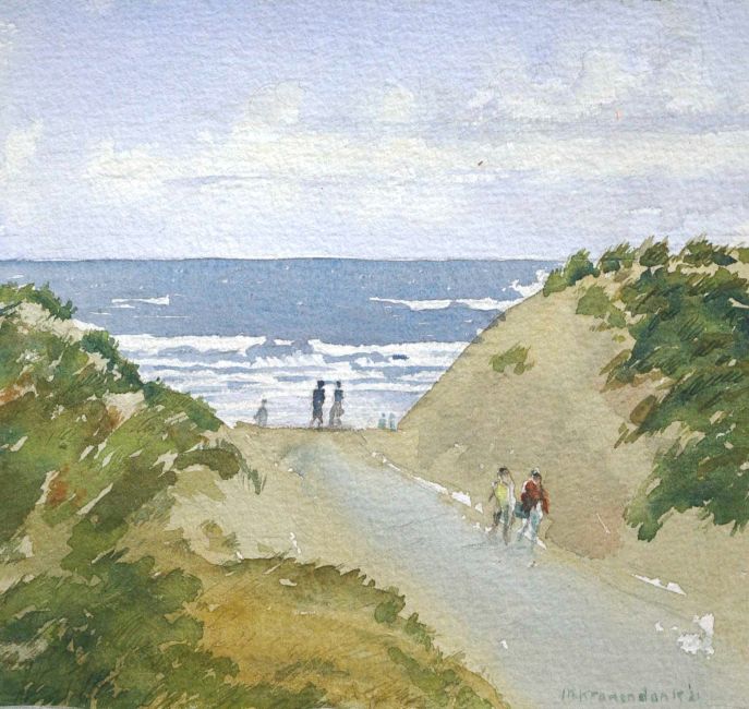  Hoge golven strandopgang   aquarel  x 17 5 cm. 450 00 5162