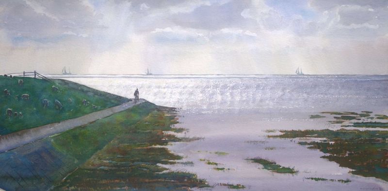 Langs de dijk Terschelling tegenlicht   38 x 75 cm aquarel020  1475 00 5168
