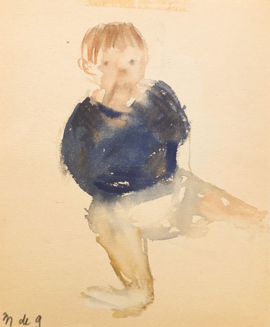 MARJAN DE GLOPPER  Peutertje  aquarel 4x12 cm. 95 00 5108