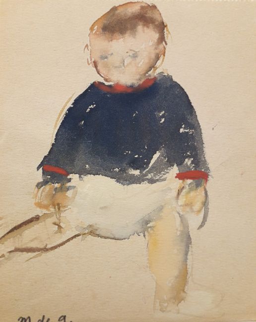 MARJAN DE GLOPPER  Peutertje  aquarel  13x11 cm. 95 00 5110