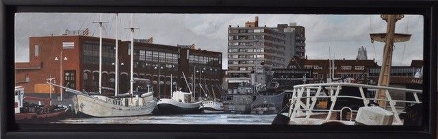 JAN PRINS  Scheveningen  visafslag  acryl op paneel  4x60 5 cm. E. 1550 00 5310